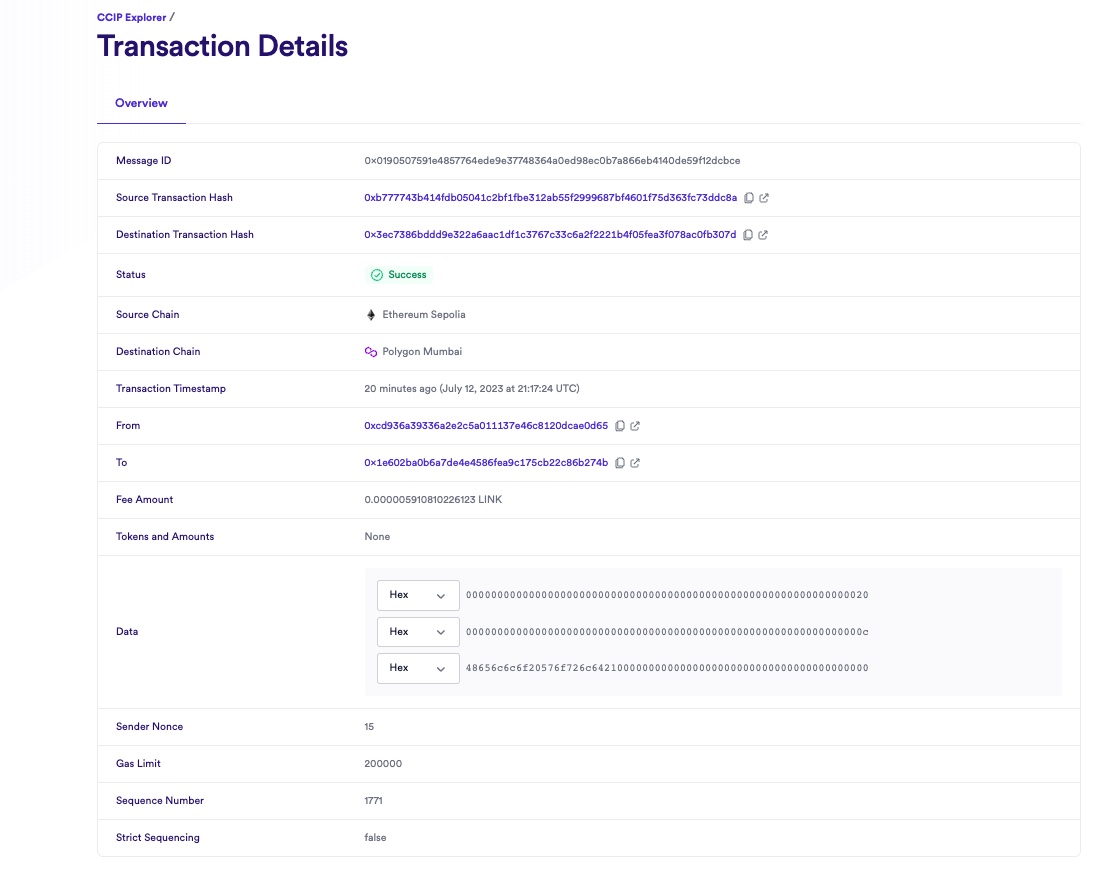 Chainlink CCIP Explorer transaction success