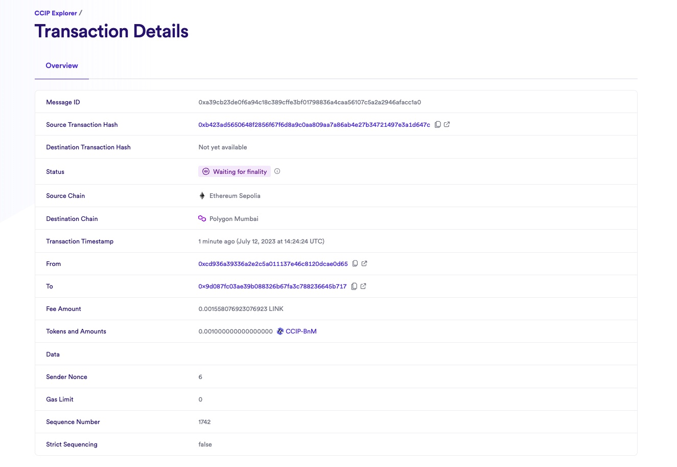 Chainlink CCIP Explorer transaction details